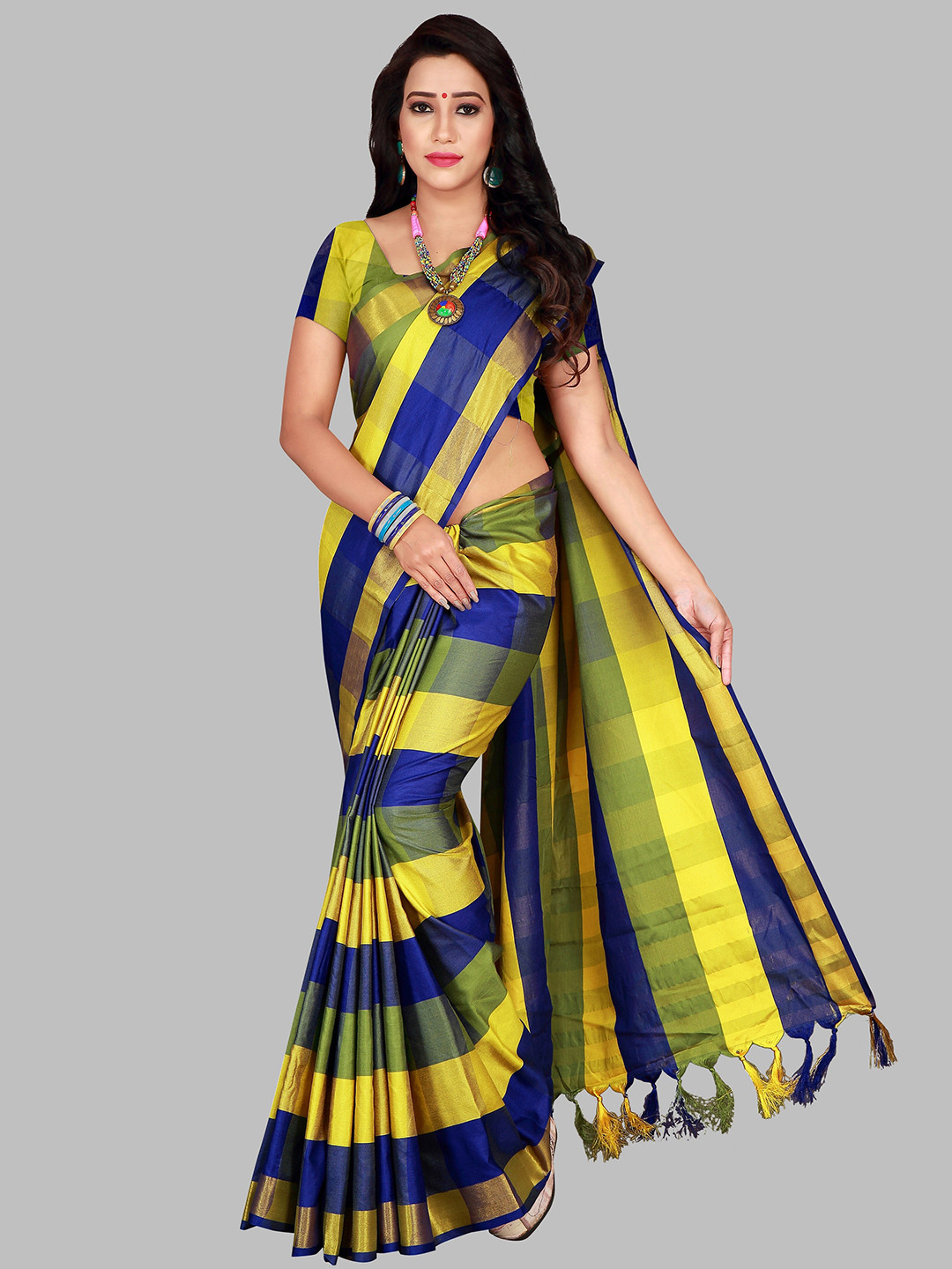 SHAIBO SAREE Teal & Green Checked Zari Silk Cotton Uppada Saree