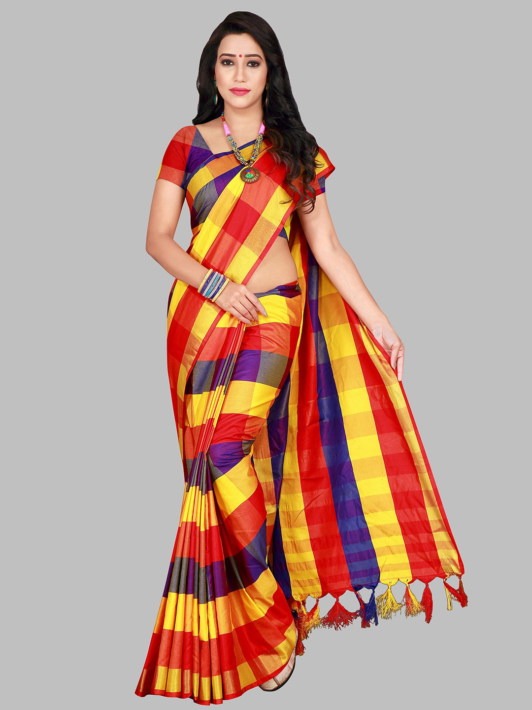 SHAIBO SAREE Maroon Checked Silk Cotton Uppada Saree