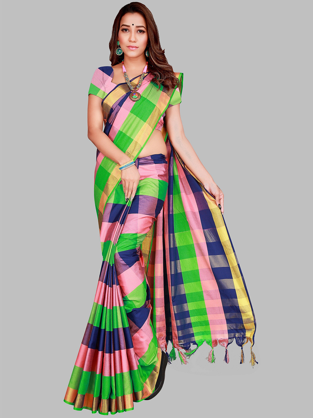 SHAIBO SAREE Lime Green & Pink Checked Zari Silk Cotton Uppada Saree