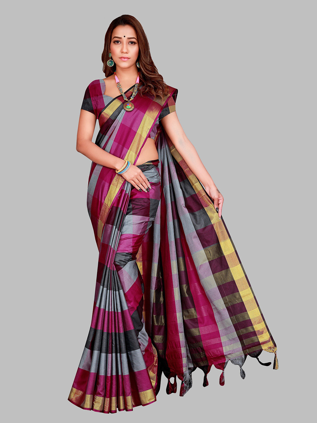 SHAIBO SAREE Grey & Pink Checked Zari Silk Cotton Saree