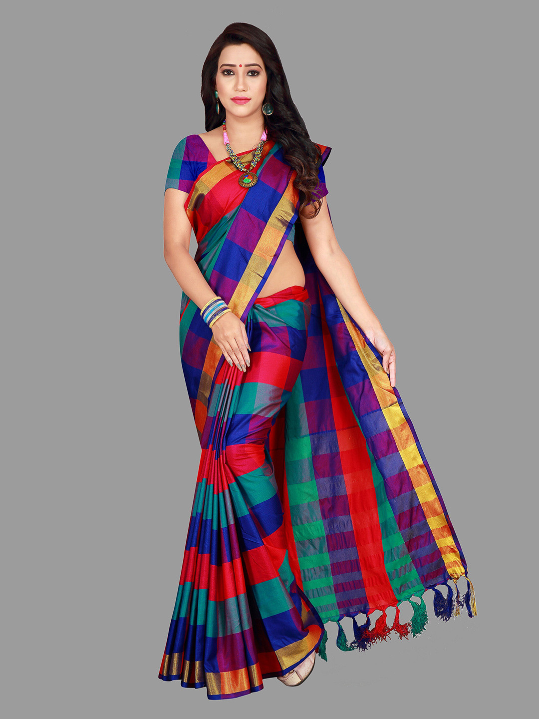 SHAIBO SAREE Red & Blue Checked Silk Cotton Uppada Saree