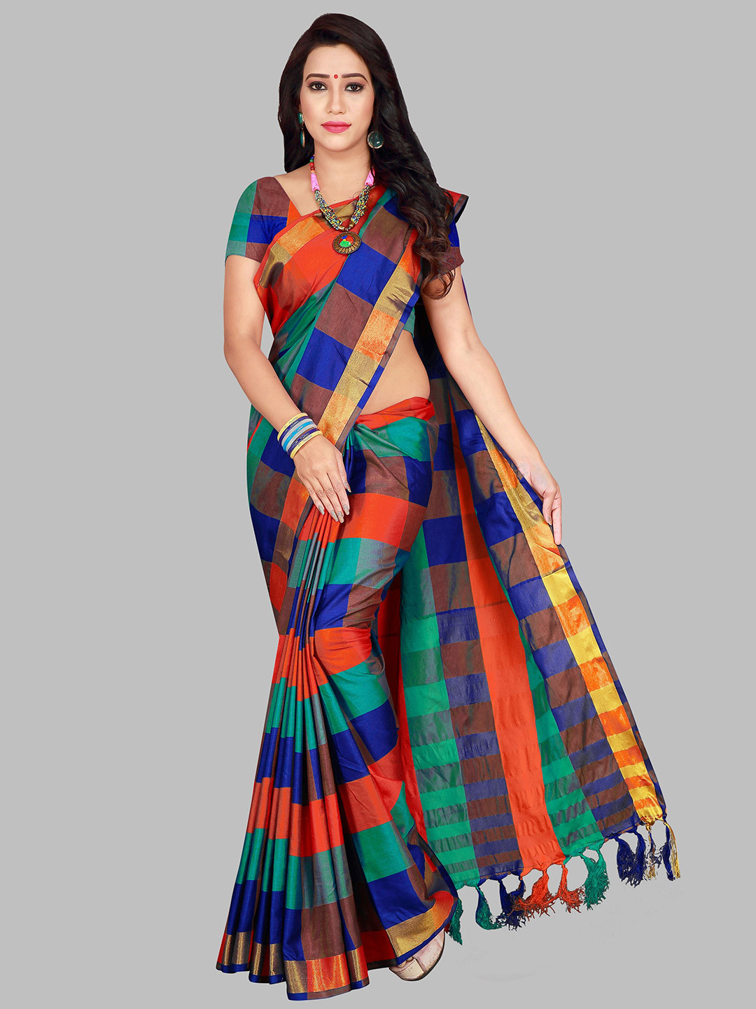 SHAIBO SAREE Orange & Blue Checked Zari Silk Cotton Uppada Saree