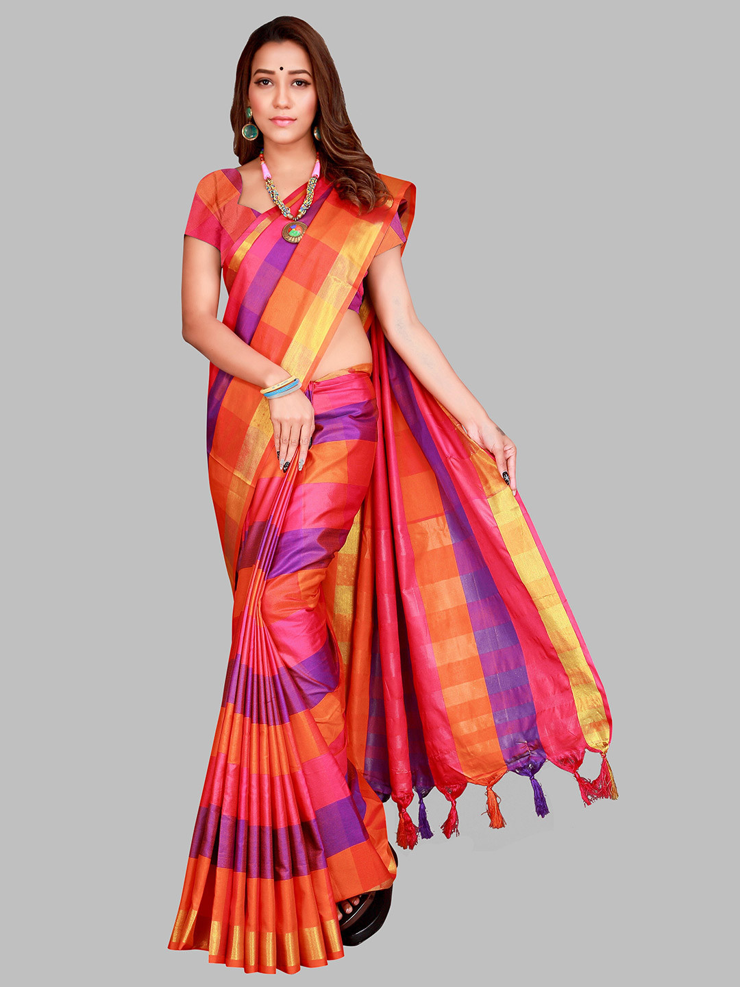 SHAIBO SAREE Yellow & Pink Checked Zari Silk Cotton Uppada Saree