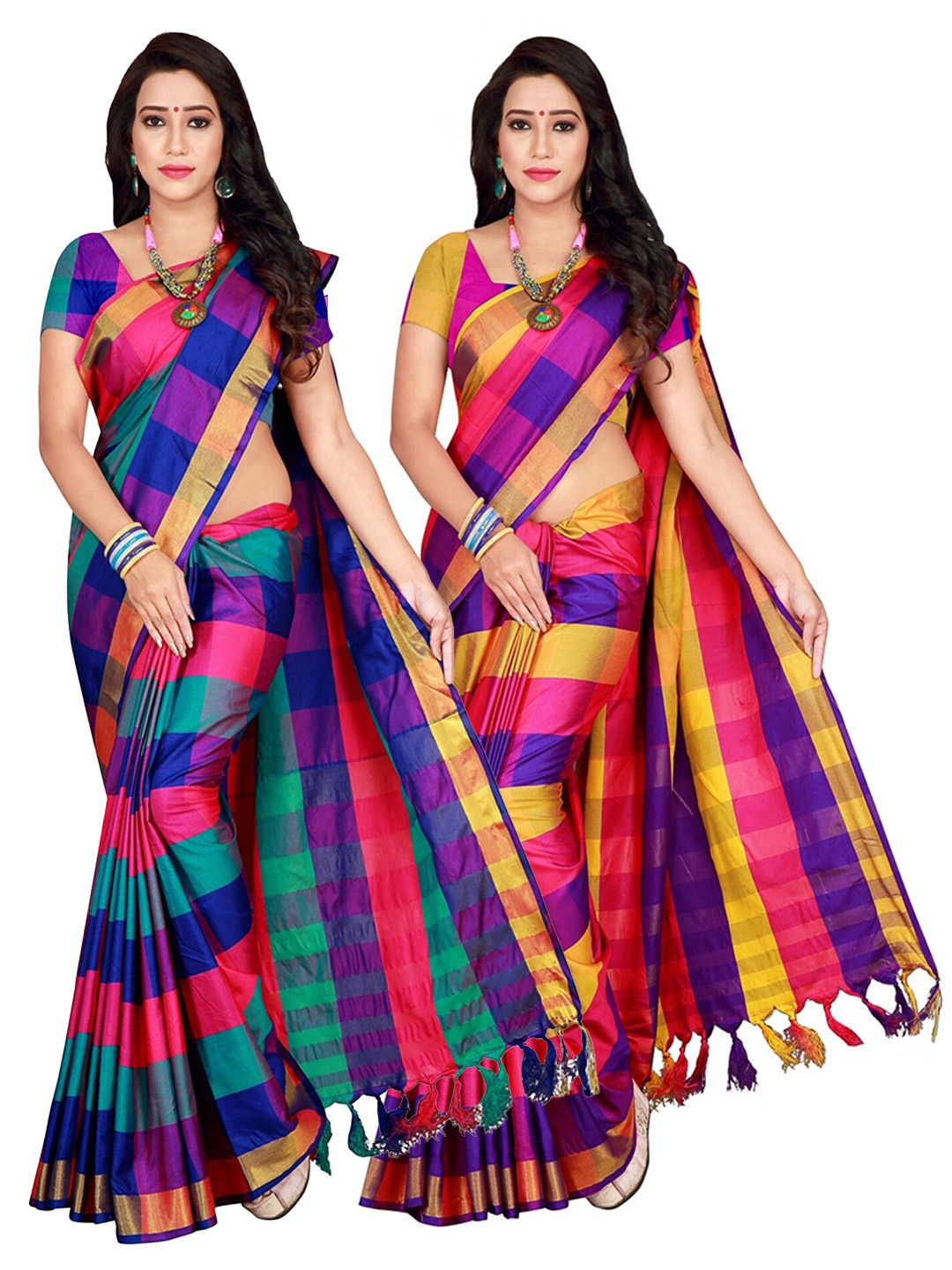 SHAIBO SAREE Pack of 2 Blue & Pink Checked Silk Cotton Uppada Sarees