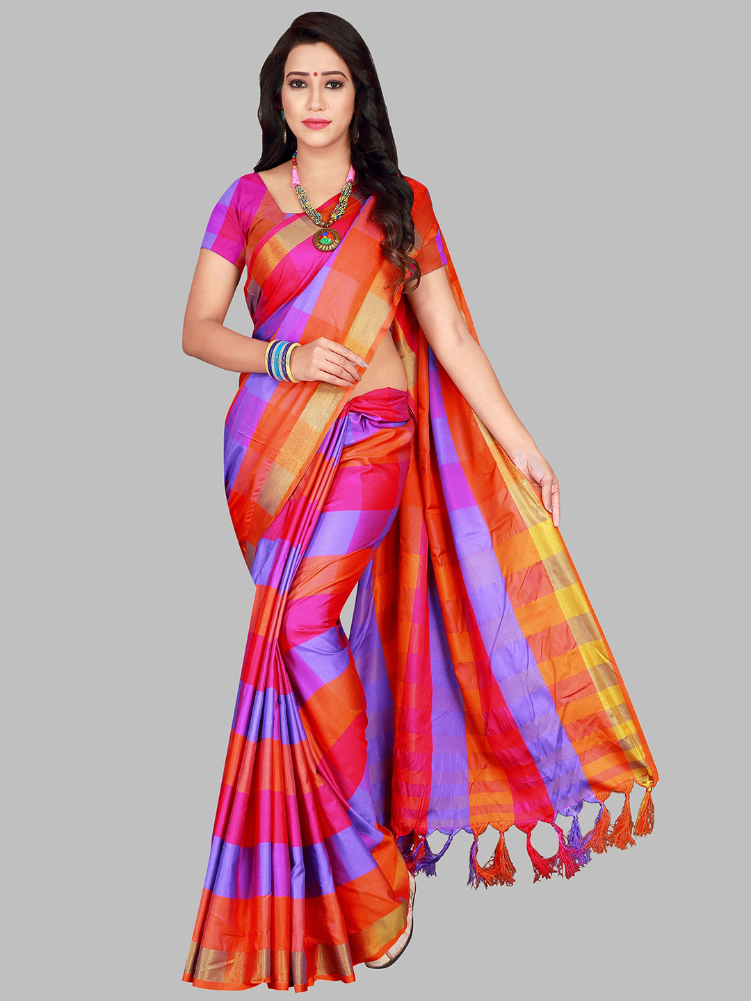 SHAIBO SAREE Magenta & Blue Checked Zari Silk Cotton Uppada Saree
