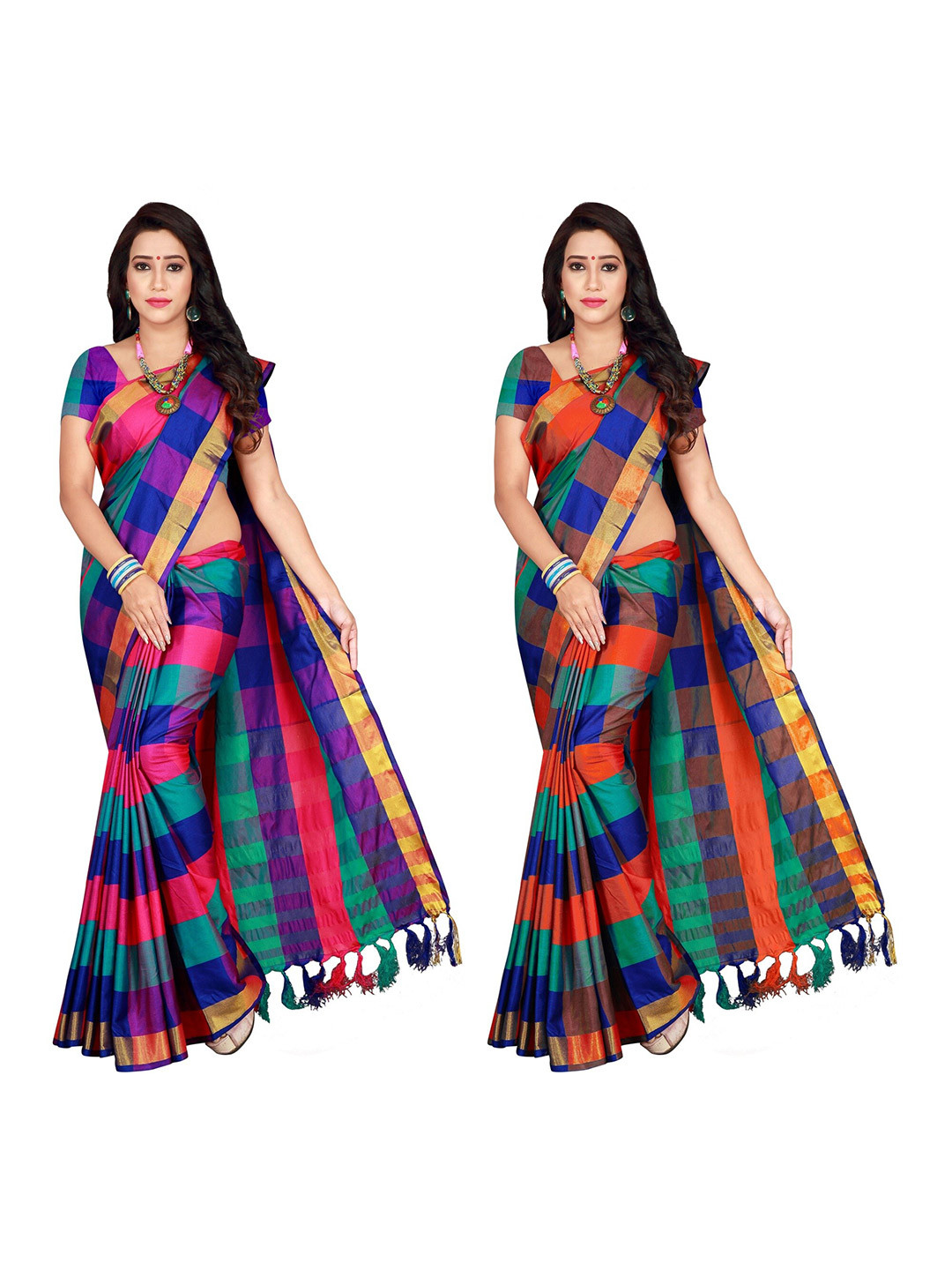 SHAIBO SAREE Set of 2 Multicoloured Checked Silk Cotton Uppada Saree
