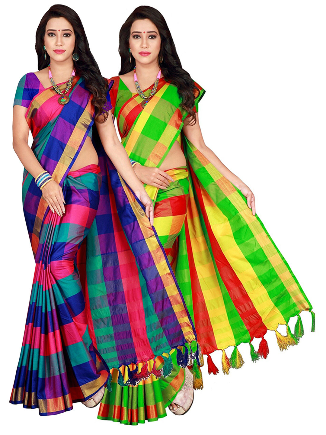 SHAIBO SAREE Blue & Green Checked Zari Silk Cotton Uppada Saree