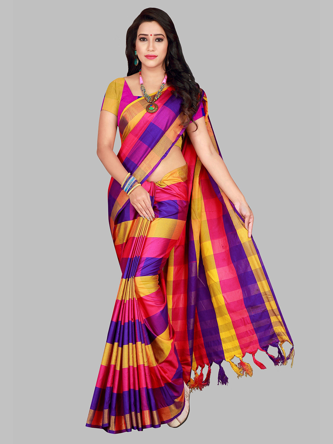 SHAIBO SAREE Blue & Yellow Checked Silk Cotton Uppada Saree