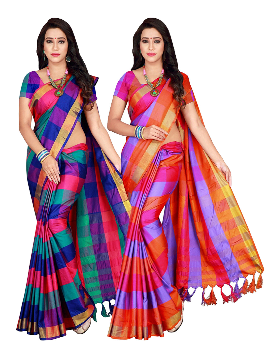 SHAIBO SAREE Navy Blue & Red Checked Silk Cotton Uppada Saree