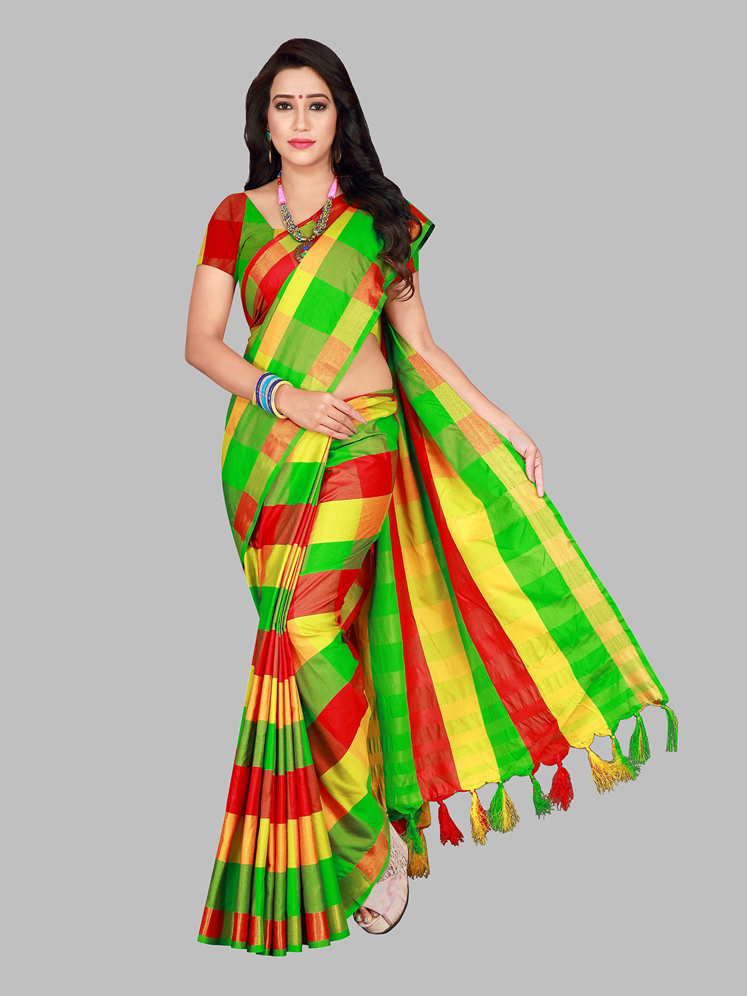 SHAIBO SAREE Green & Red Checked Zari Silk Cotton Uppada Saree
