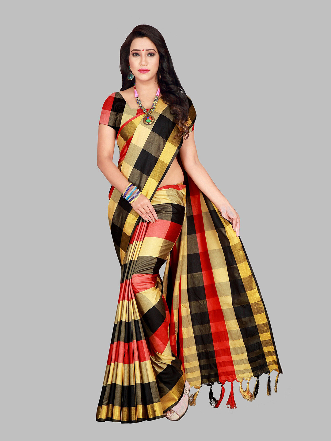 SHAIBO SAREE Cream-Coloured & Black Checked Zari Silk Cotton Uppada Saree
