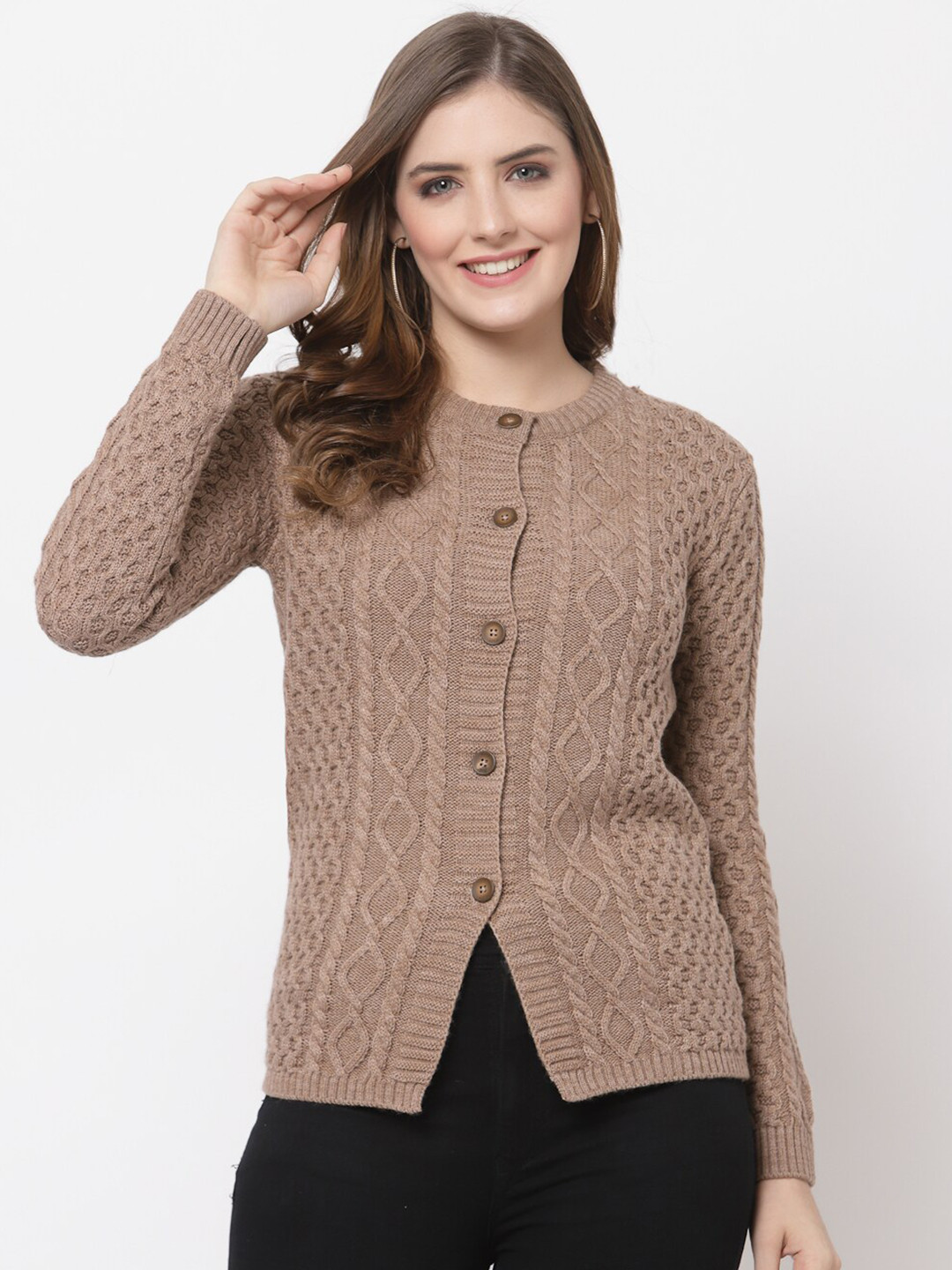 Kalt Women Coffee Brown Cable Knit Acrylic Cardigan