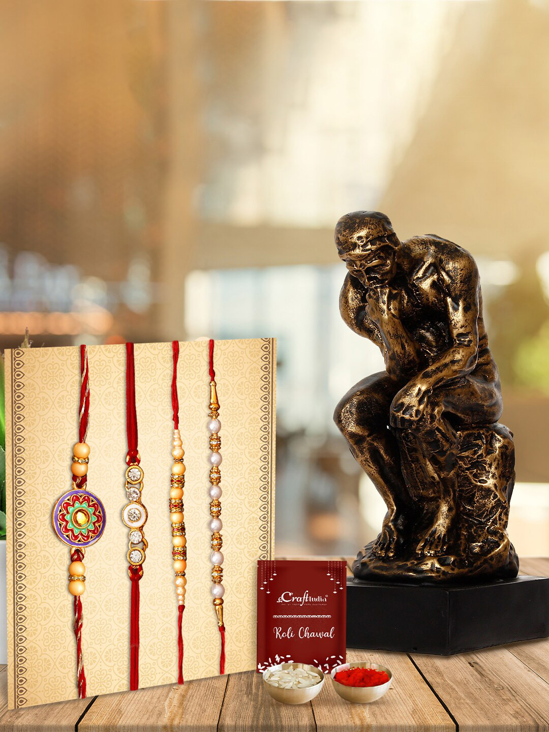 eCraftIndia Set of 4 Pieces Red & Gold-Toned Rakhi with Showpiece