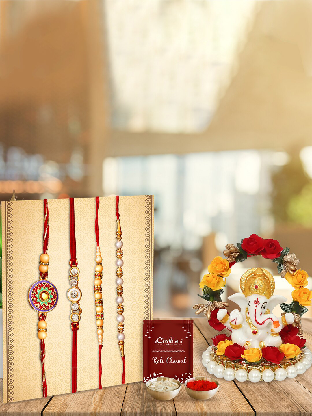 eCraftIndia Set of 4 Red Pearl Rakhi & Lord Ganesha Idol on Decorative Plate
