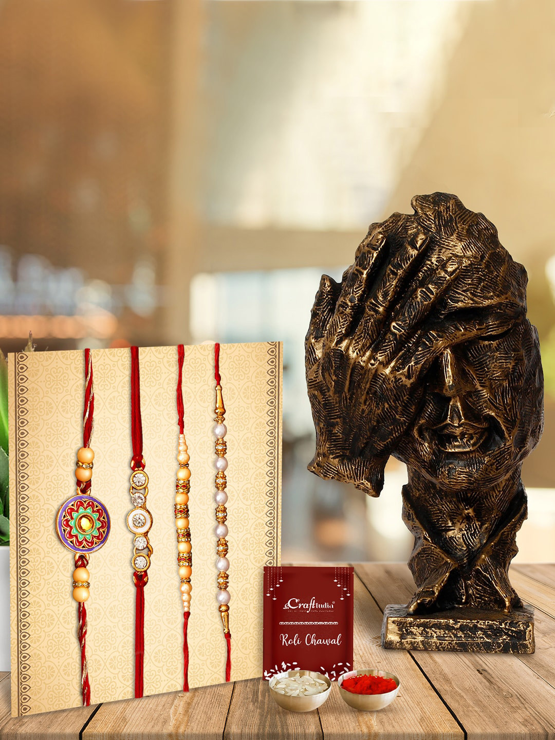 eCraftIndia Set of 4 Rakhi with Antique Showpiece and Roli Chawal Pack & Greeting Card