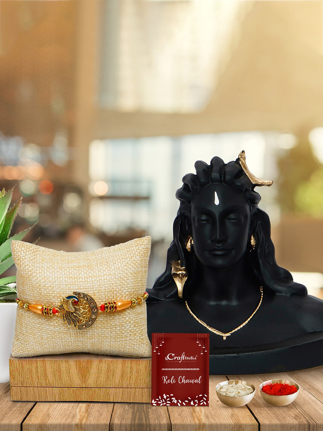 eCraftIndia Unisex Designer Thread Rakhi With Lord Shiva Figurine With Roli & Chawal