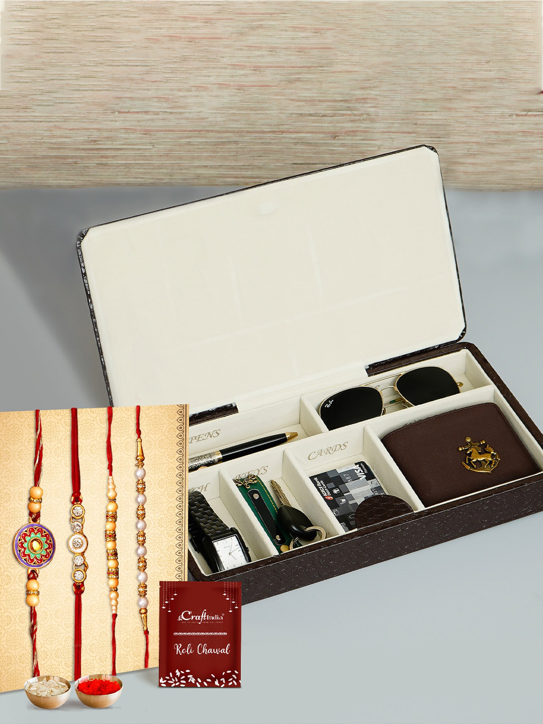eCraftIndia Unisex Set Of 4 Pearl Rakhis & Organizer Box With Roli Chawal & Greeting Card