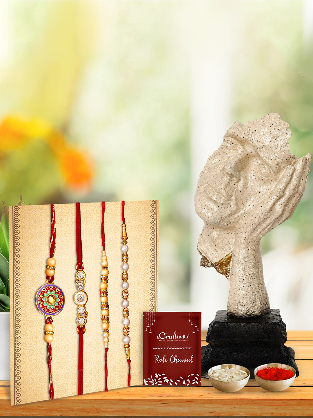 eCraftIndia Set of 4 Pearl Rakhi &  White  Showpiece with  Roli Chawal Pack,Greeting Card