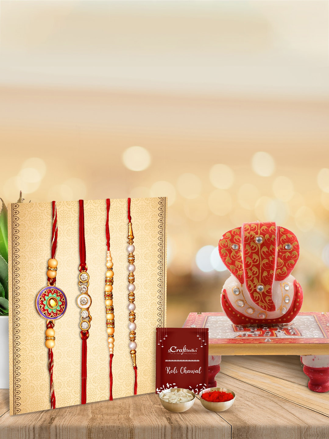eCraftIndia Set of 4 Rakhi Pack with chowki, Roli Chawal Pack, Greeting Card