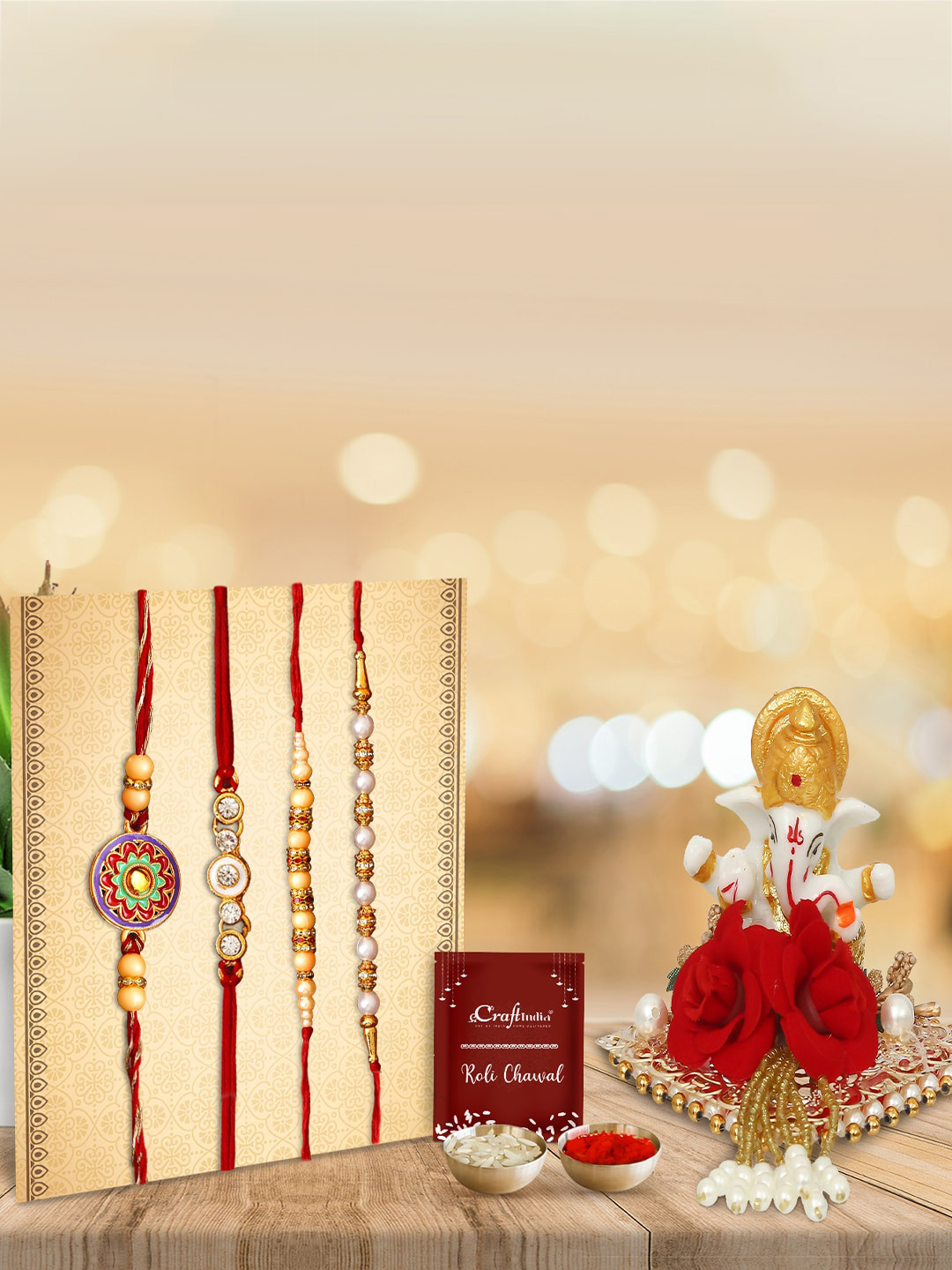 eCraftIndia Pack Of 4 Pearl Rakhi Set With Silver Lord Ganesha Statue