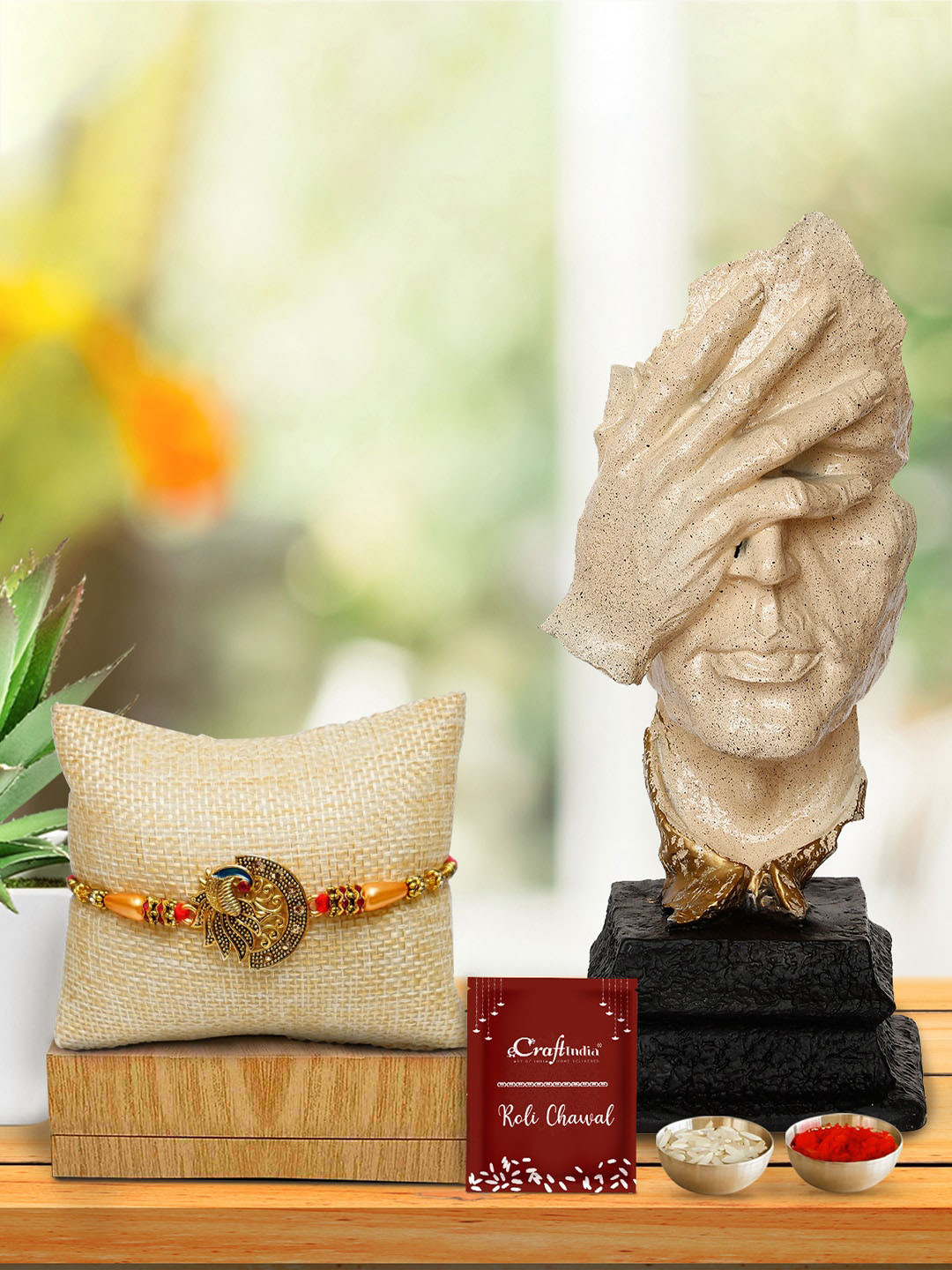 eCraftIndia Pack of 4 Rakhi With Antique Showpiece & Roli Chawal Pack & Greeting Card