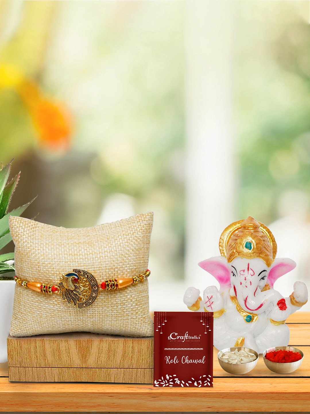 eCraftIndia Set of 4 Peacock Rakhi & Lord Ganesha Idol