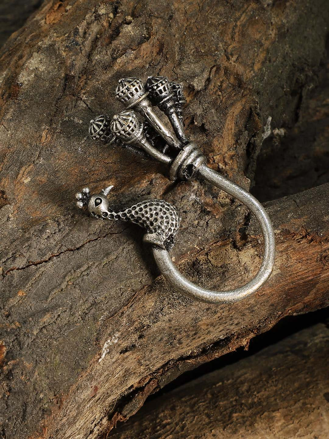 VENI Silver-Toned Oxidised Peacock Finger Ring