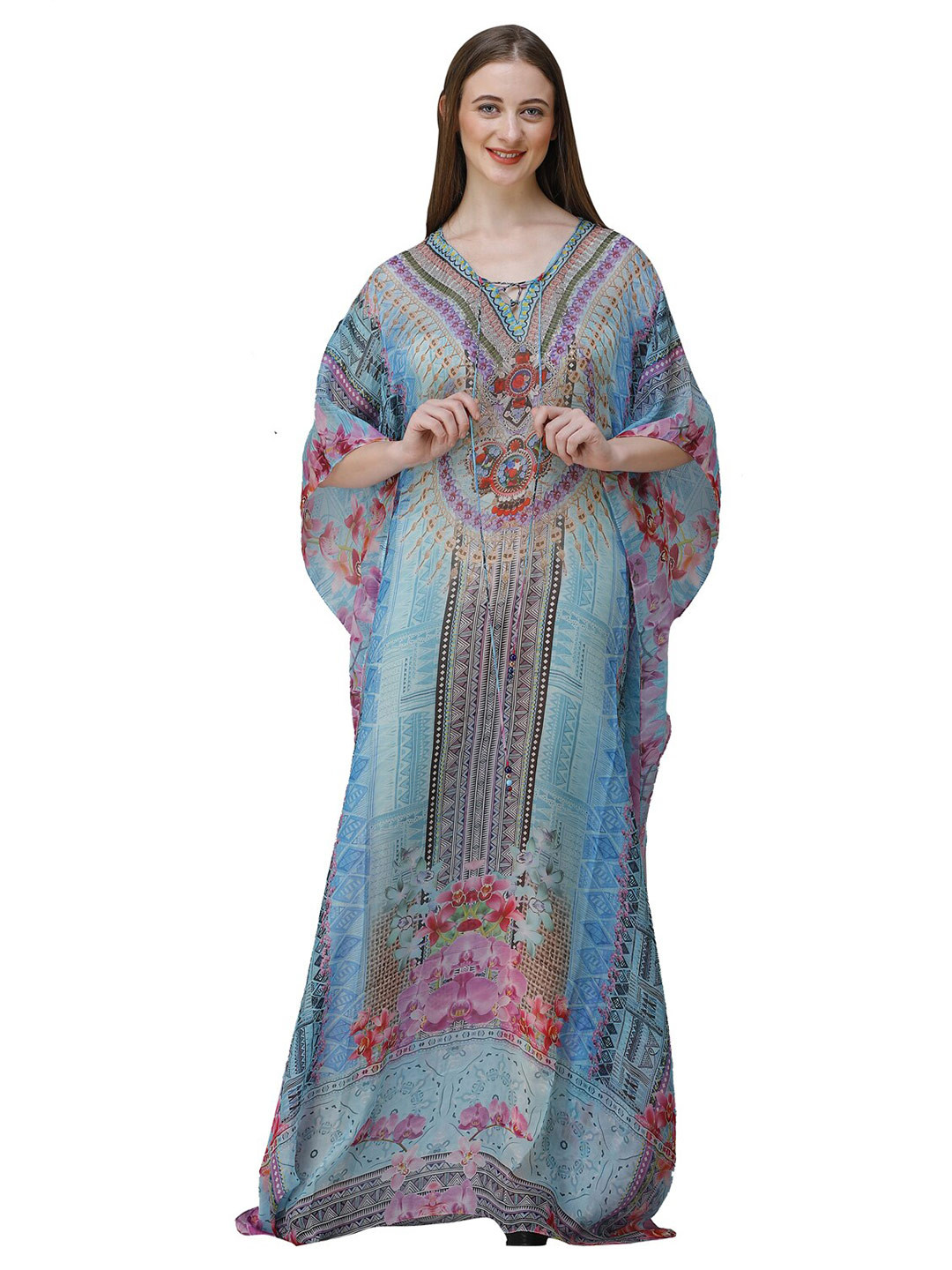 Rajoria Instyle Women Blue & Red Floral Tie-Up Neck Georgette Ethnic Kaftan Maxi Dress