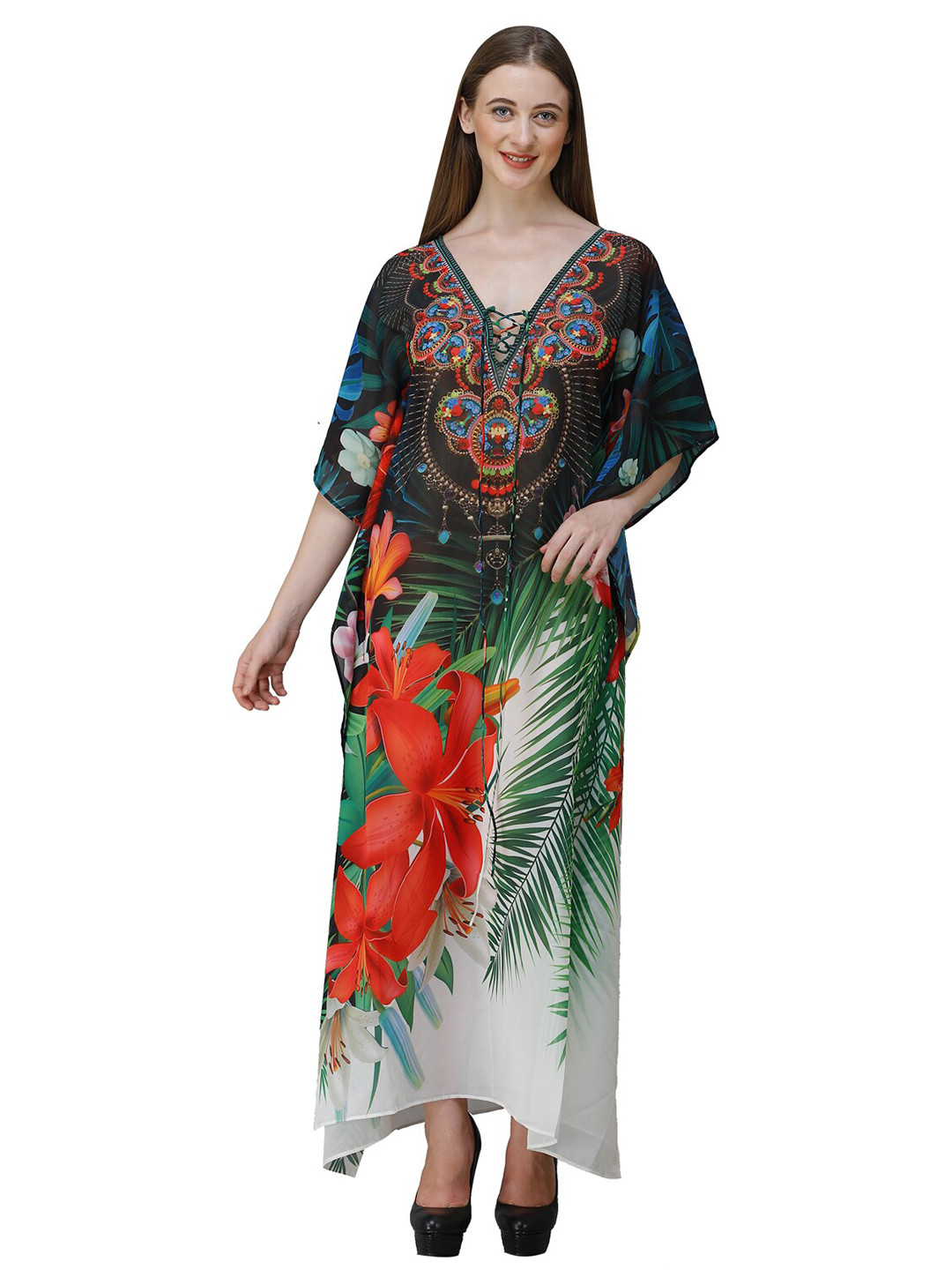 Rajoria Instyle Black & Red Floral Georgette Kaftan Maxi Dress