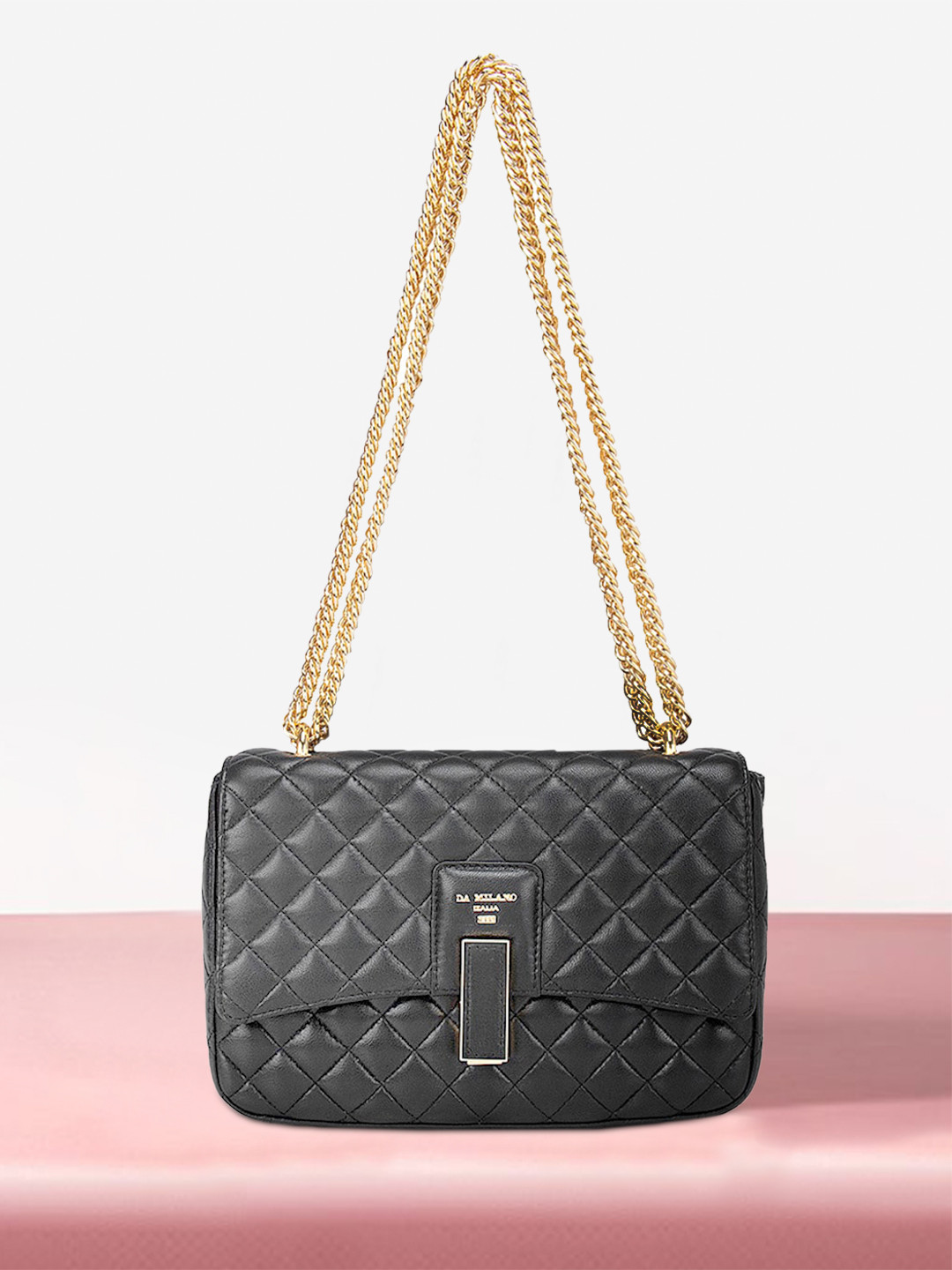 Da Milano Black Textured Leather Structured Sling Bag
