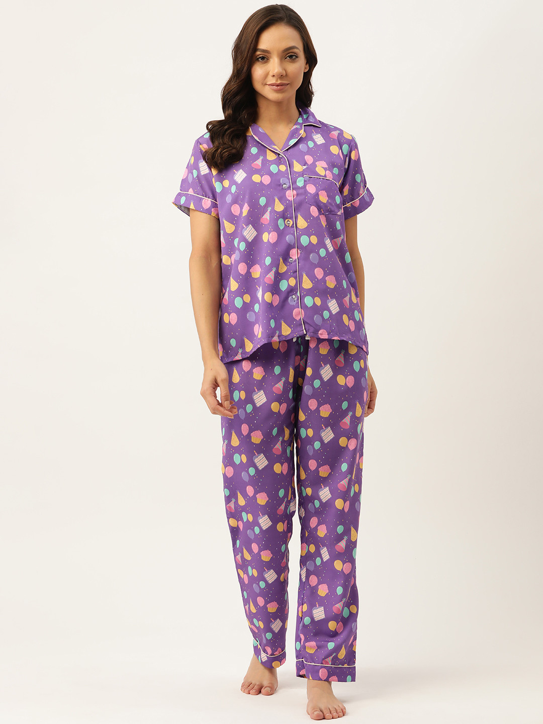 NAP HOUR Women Purple & Pink Printed Night suit