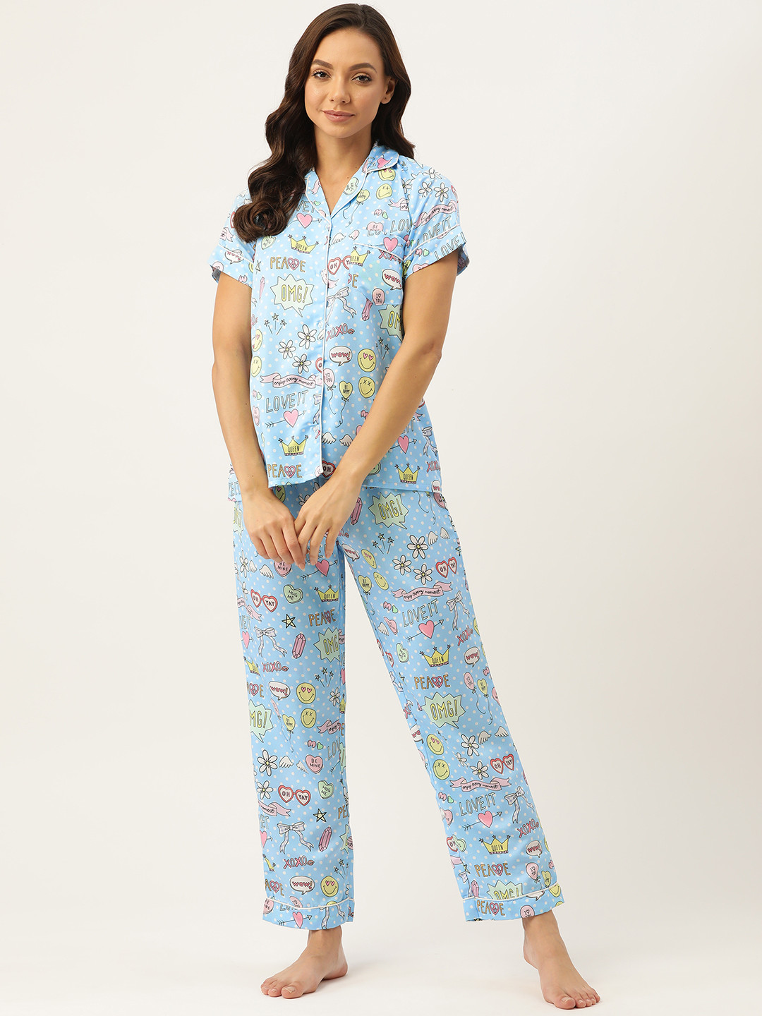 NAP HOUR Women Blue & White Printed Night suit