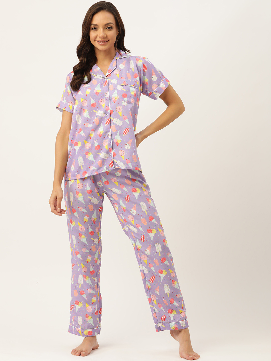 NAP HOUR Women Purple & Pink Printed Night suit