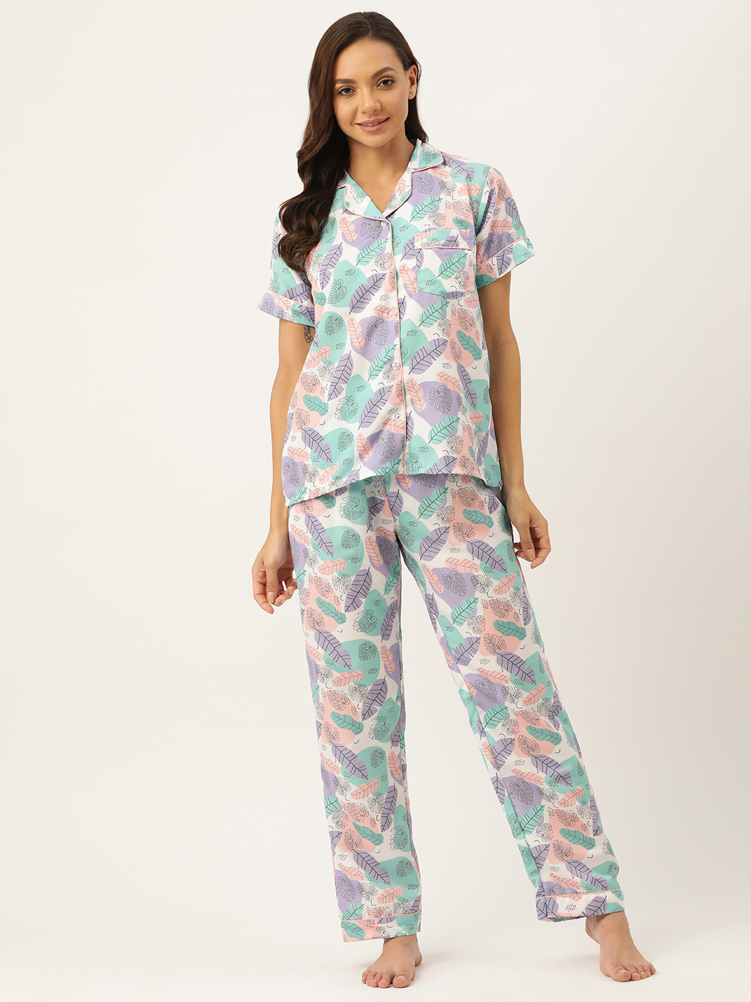 NAP HOUR Women Off White & Lavender Printed Night suit