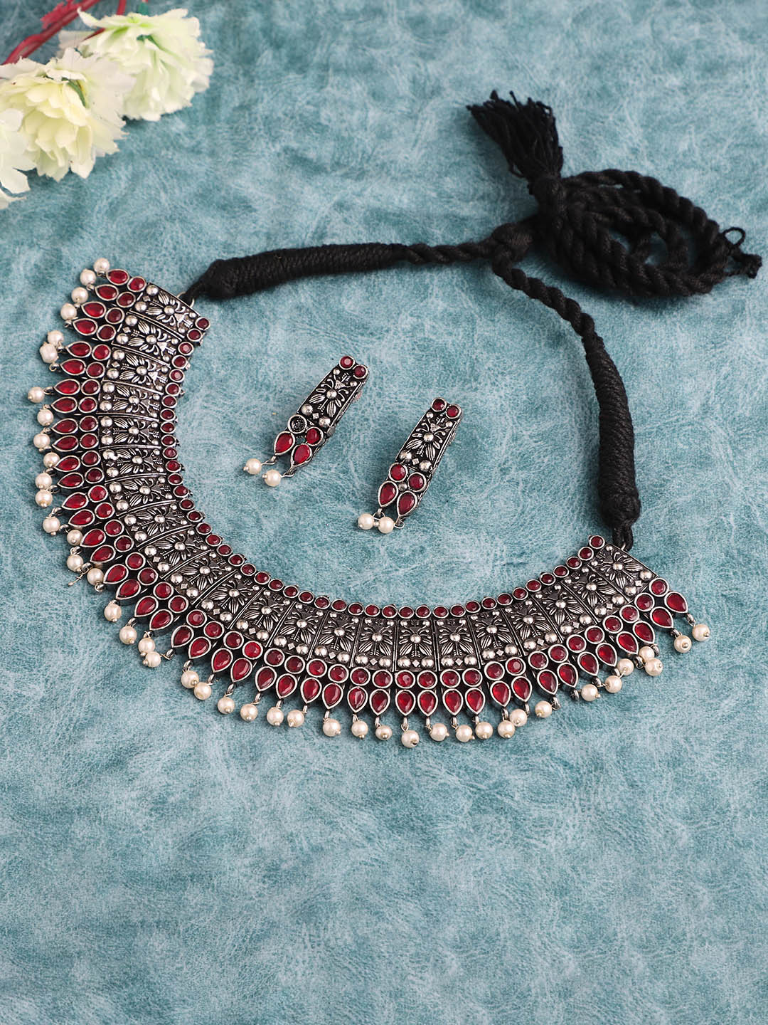 VENI Silver Plated Oxidised Ruby Stone Studded Jewellery Set