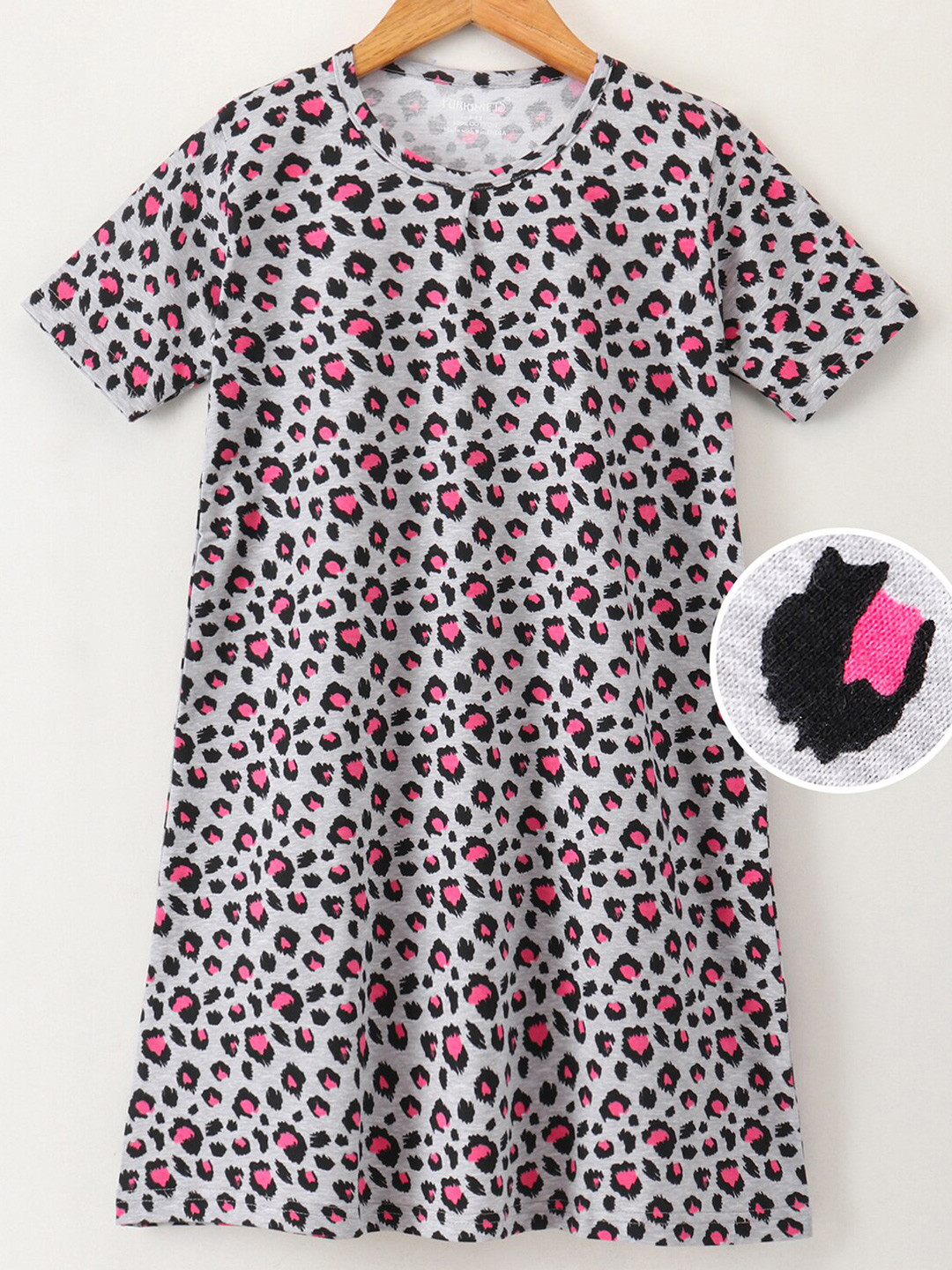 FUNKRAFTS Girls Grey 100% Cotton Cheetah Print Nightdress