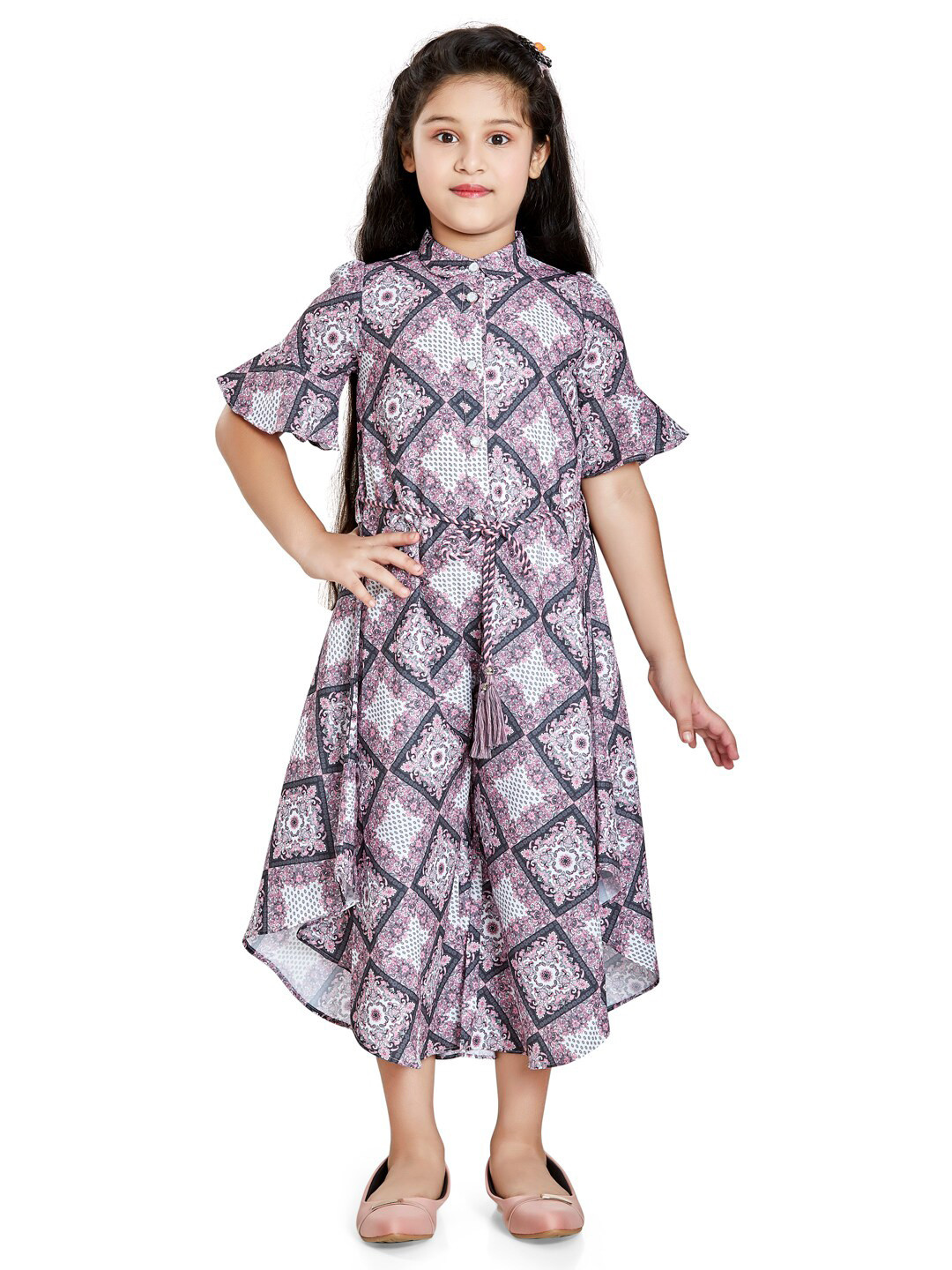 Peppermint Girls Grey & Off White Printed Basic Jumpsuit