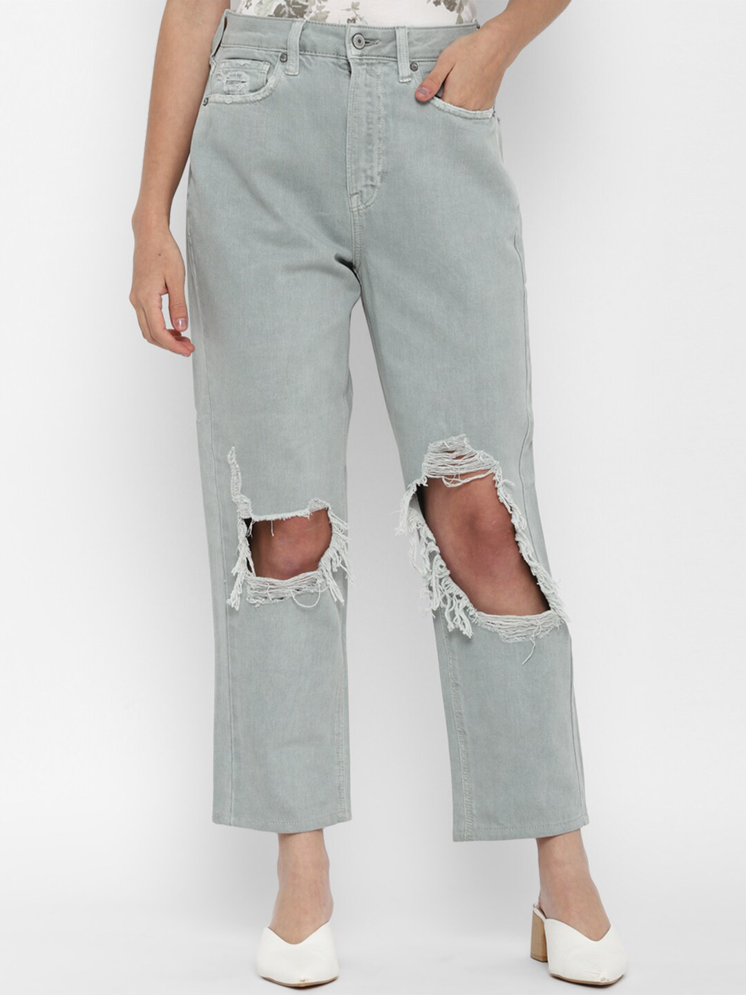 AMERICAN EAGLE OUTFITTERS Women Grey Straight Fit High-Rise Highly Distressed Jeans