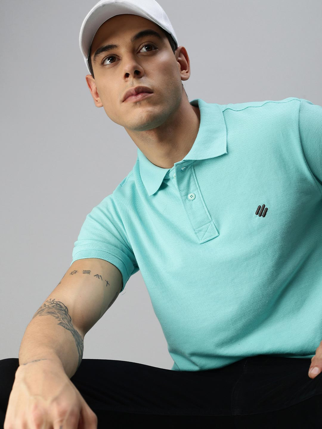 Men's Sky Blue Solid Polo Collar T-Shirt