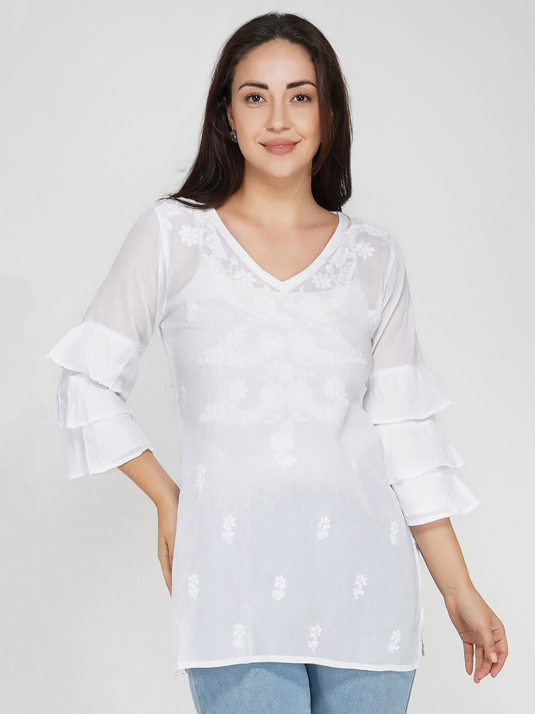 VAHSON Floral Embroidered A-Line Lucknowi Chikankari Pure Cotton Kurti