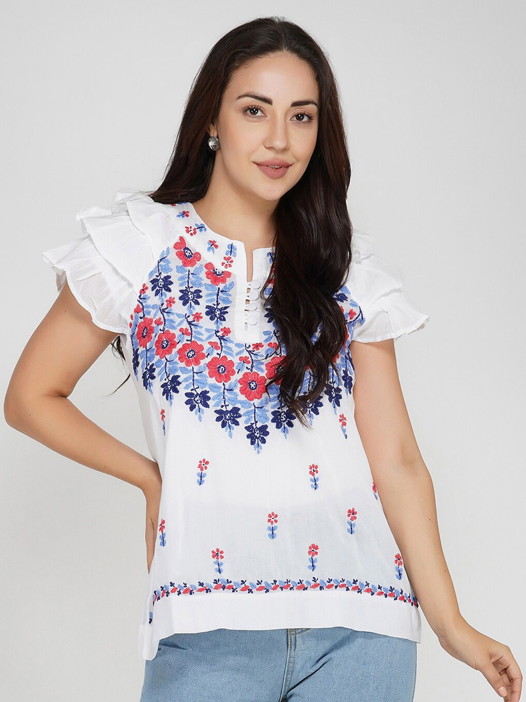 VAHSON White Chikankari Keyhole Neck Top