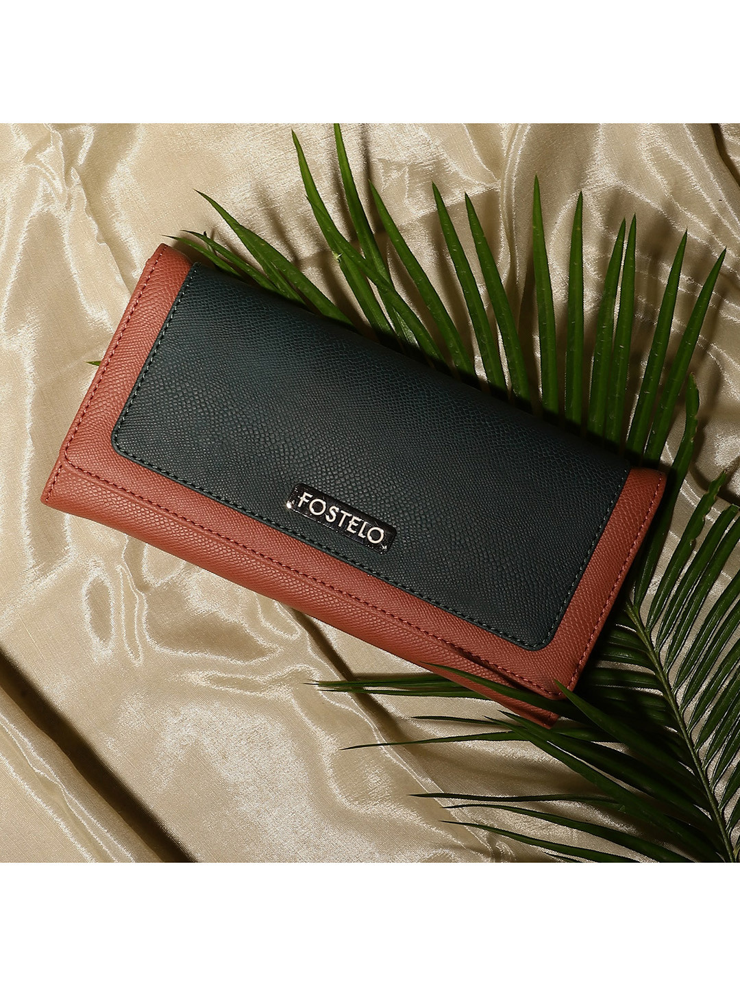 Fostelo Women Tan & Green Abstract Textured PU Three Fold Wallet