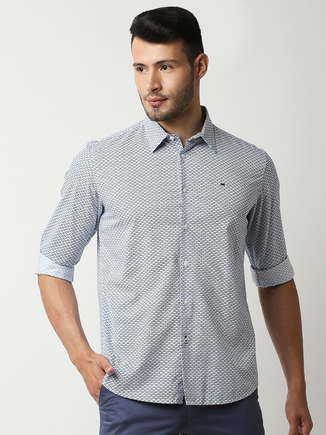 Basics Men White Slim Fit Printed Casual Shirt