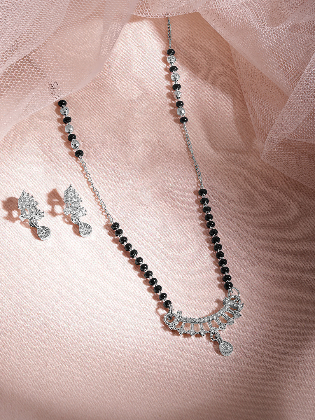 Rubans Silver-Plated & Beaded  Mangalsutra With Earings