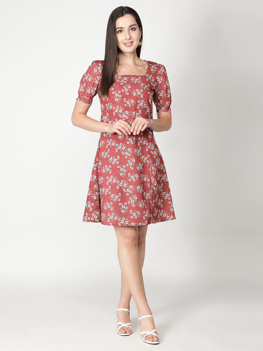 VIDE Red Floral Printed Crepe Dress