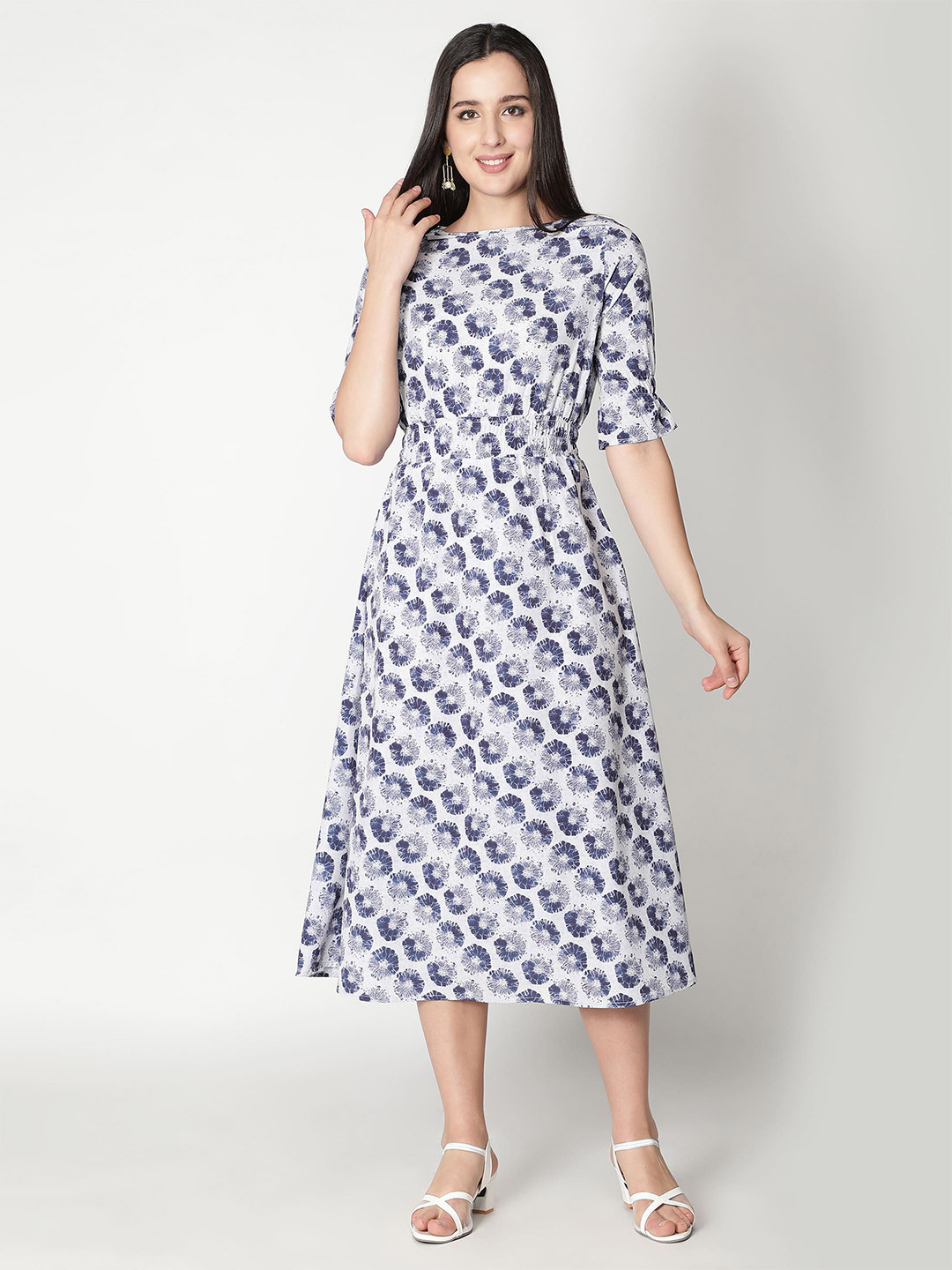 VIDE Blue & White Floral Crepe Empire Midi Dress