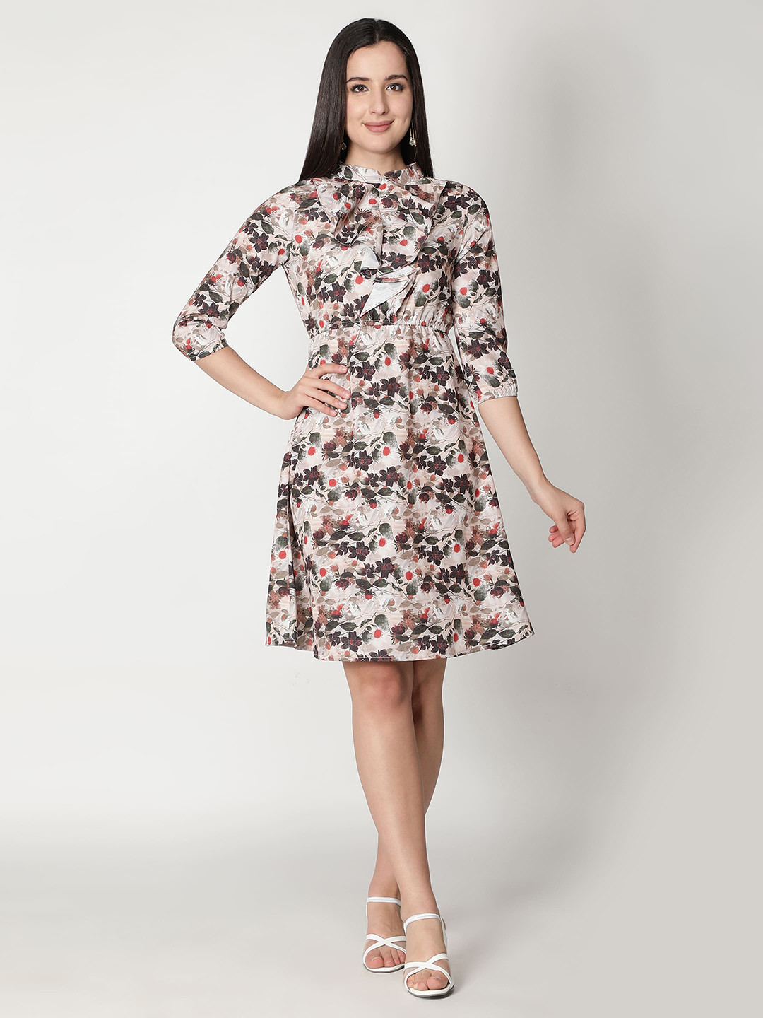 VIDE Cream-Coloured Floral Crepe Dress