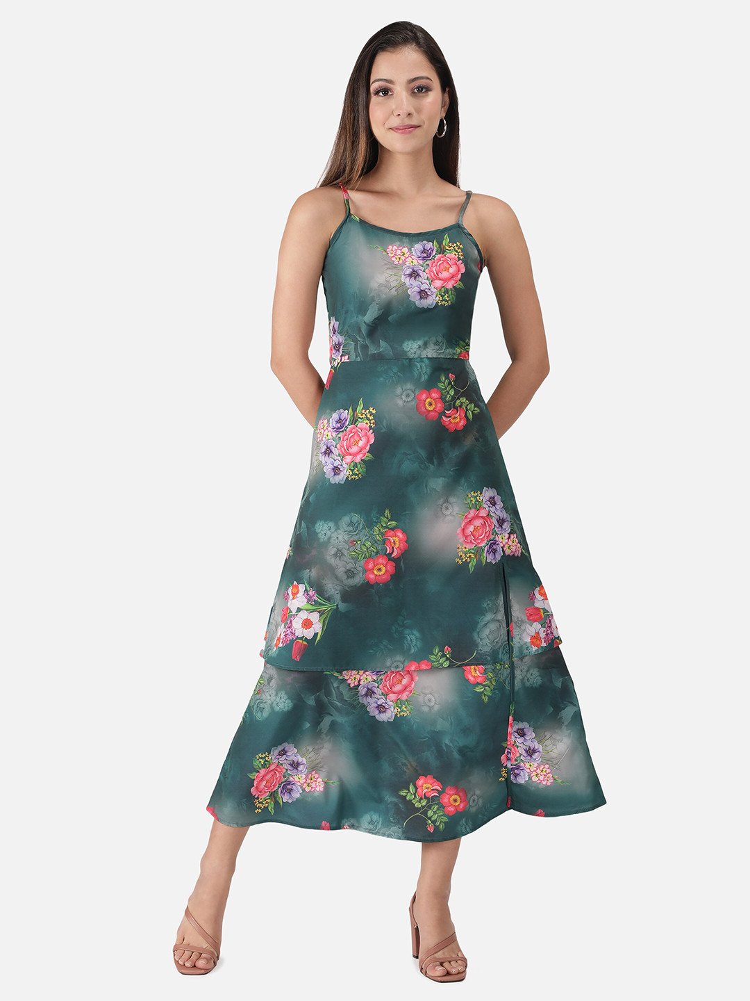 VIDE Green Floral Applique Crepe Midi Dress