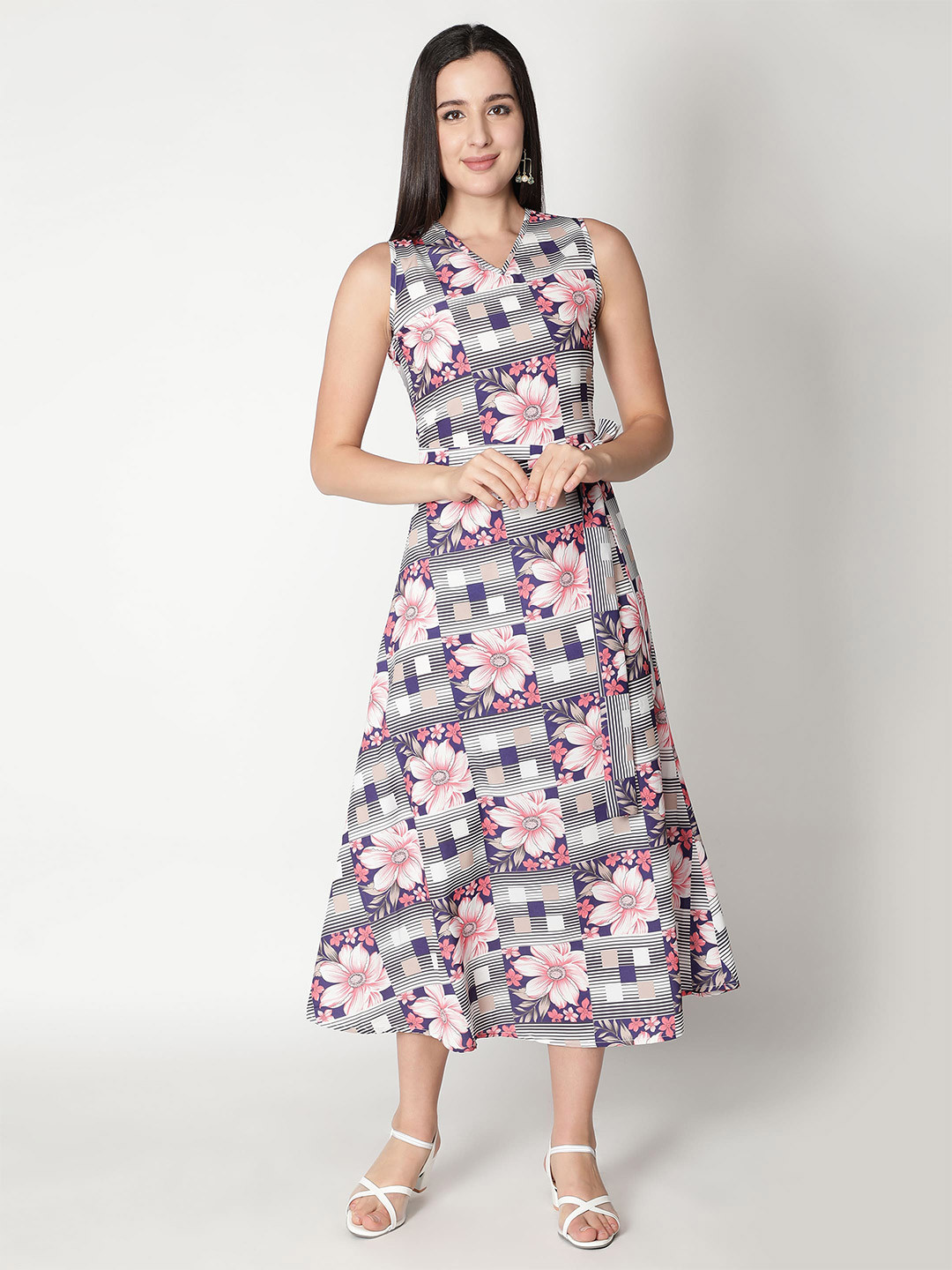 VIDE White Floral Crepe Midi Dress