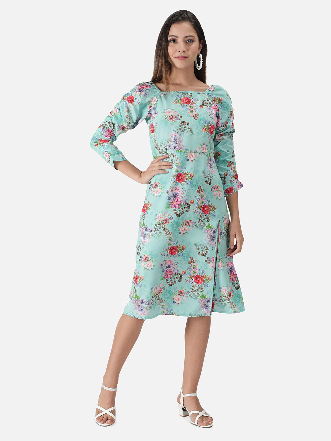 VIDE Green Floral Crepe A-Line Dress